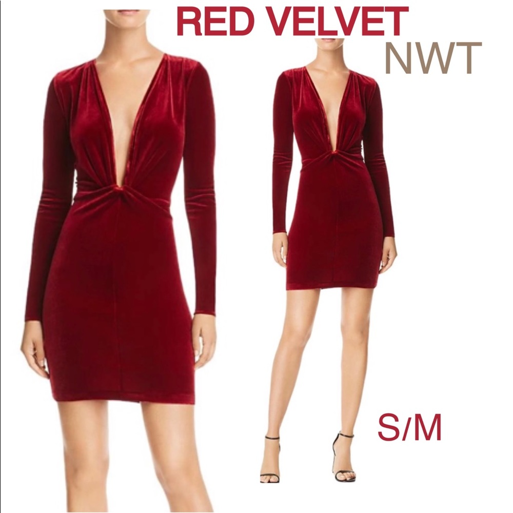 NWT dark red velvet knot front mini long sleeves claret port wine plunge V (M)